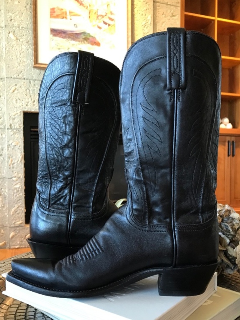 LUCCHESE MODERN COWGIRL CHIC BLACK LEATHER ELEVATED WESTERN SNIP TOE BOOTS - Picture 8 of 14